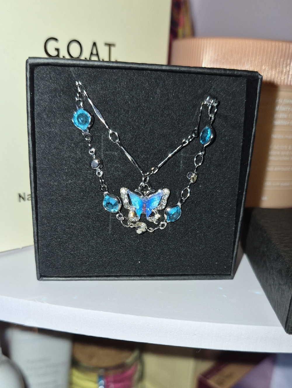Blue Butterfly Pendant Necklace In Gift Box- New